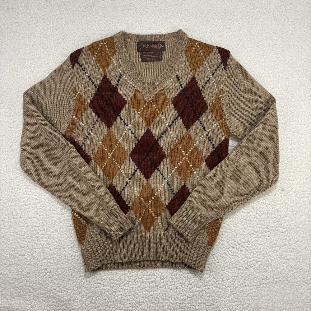 Vintage Huk-A-Poo Mens Argyle Sweater Size Large Acrylic Hand Embroidered Golf‎